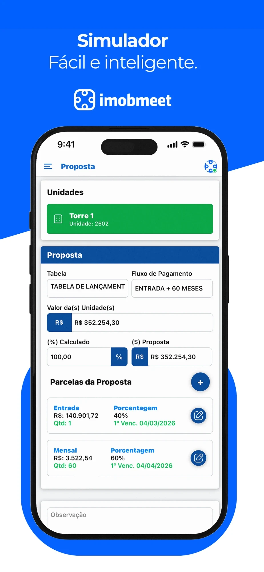 Propostas e Simulação Financeira no app IMOBMEET