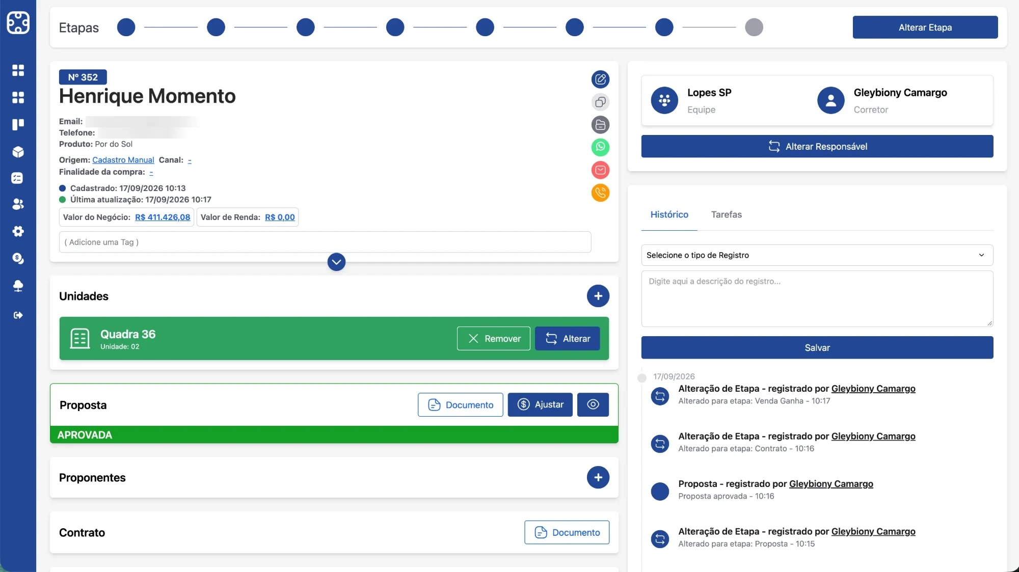 Proposta, contrato e documentos no mesmo lead